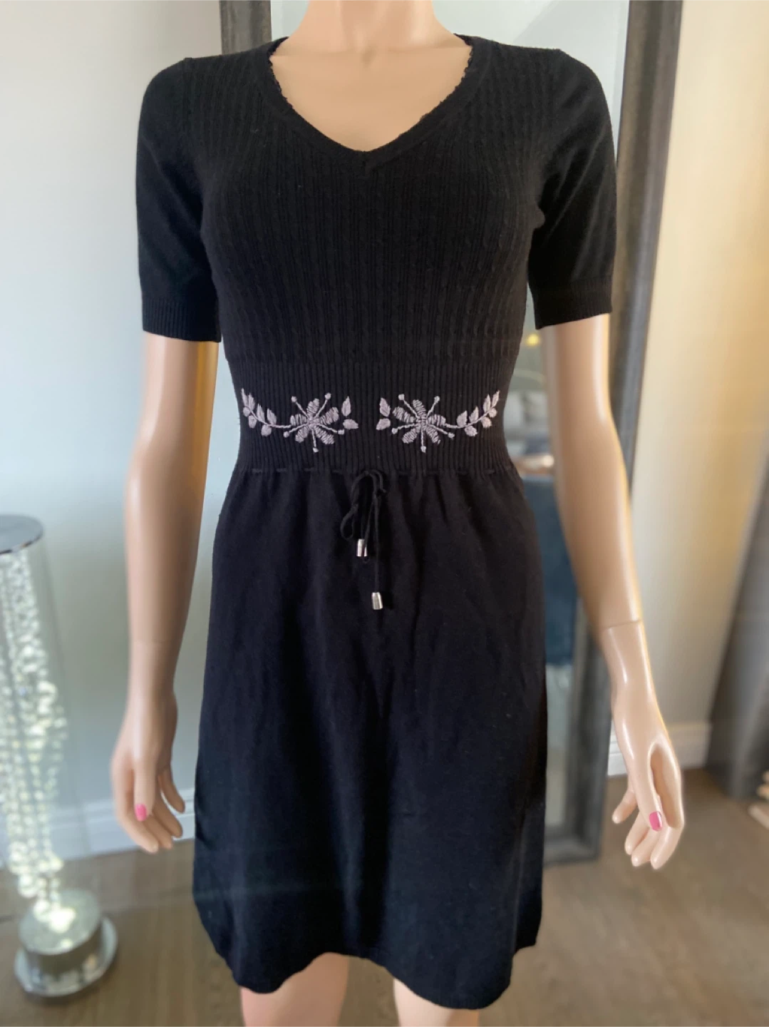 EUC Black Knit Dress with Embroidered Waist XS - photo 3