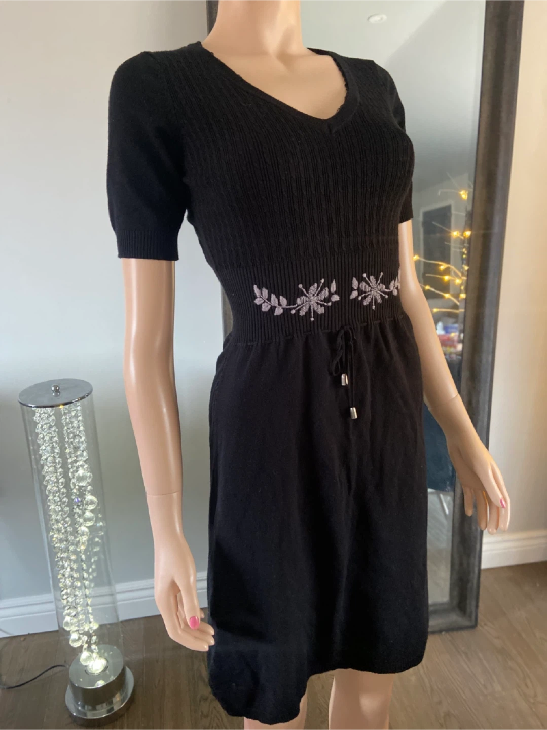 EUC Black Knit Dress with Embroidered Waist XS - photo 2