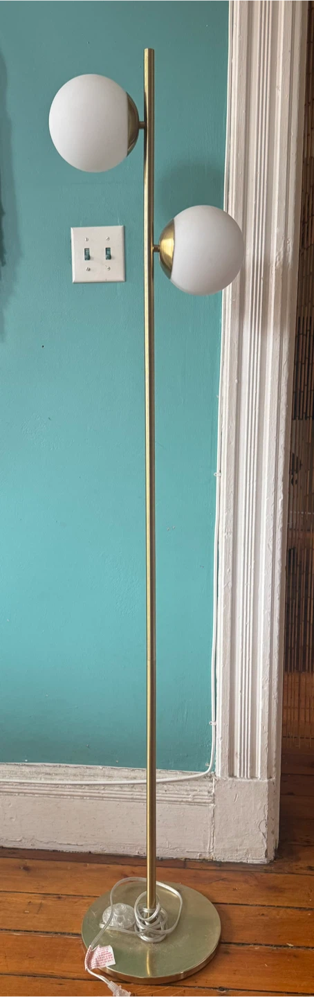 Modern Brass Floor Lamp with 2 White Globe Shades