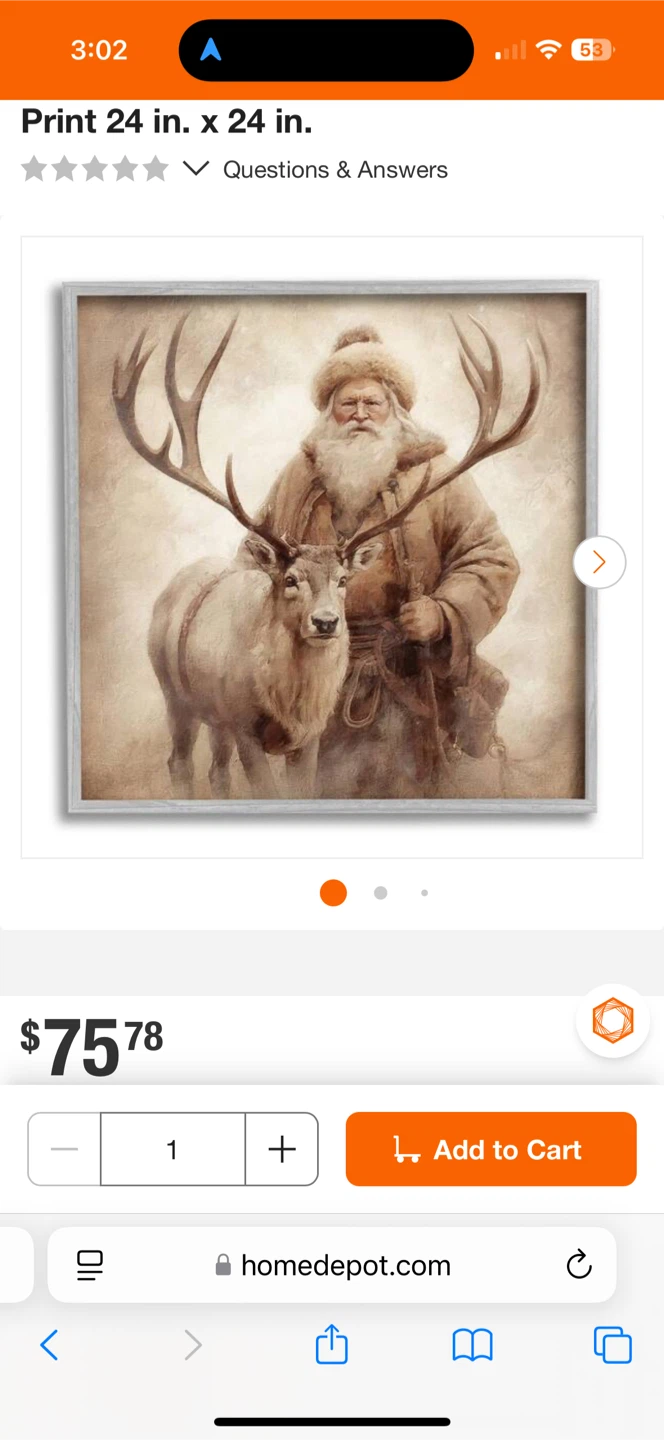 Framed Picture 24 in. x 24 in. Santa with Reindeer