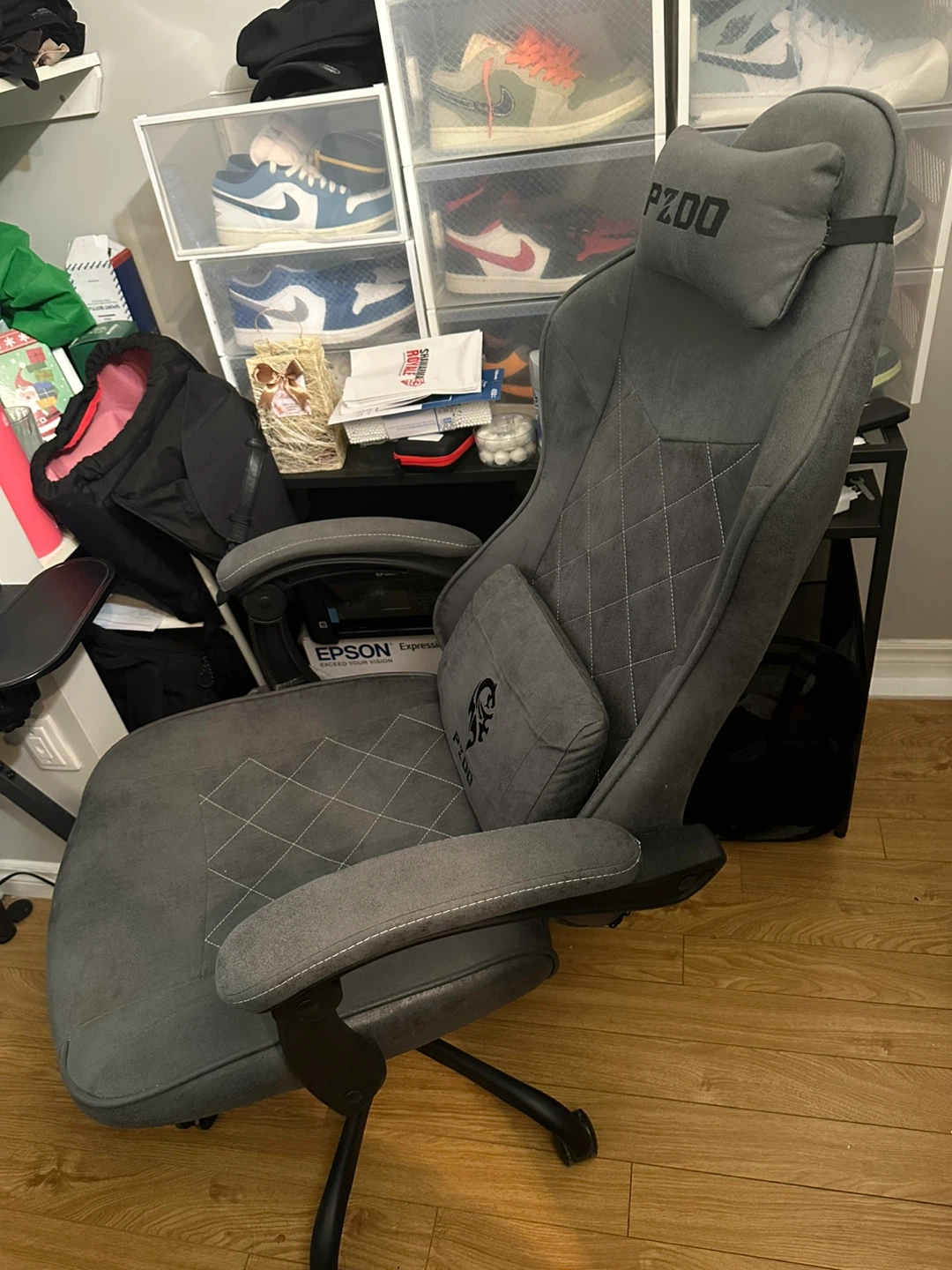 PZOO Grey Gaming Chair with Headrest and Lumbar Pillow