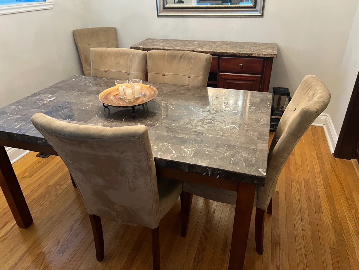 Marble Top Dining Table with  6 Chairs and Sideboard Set