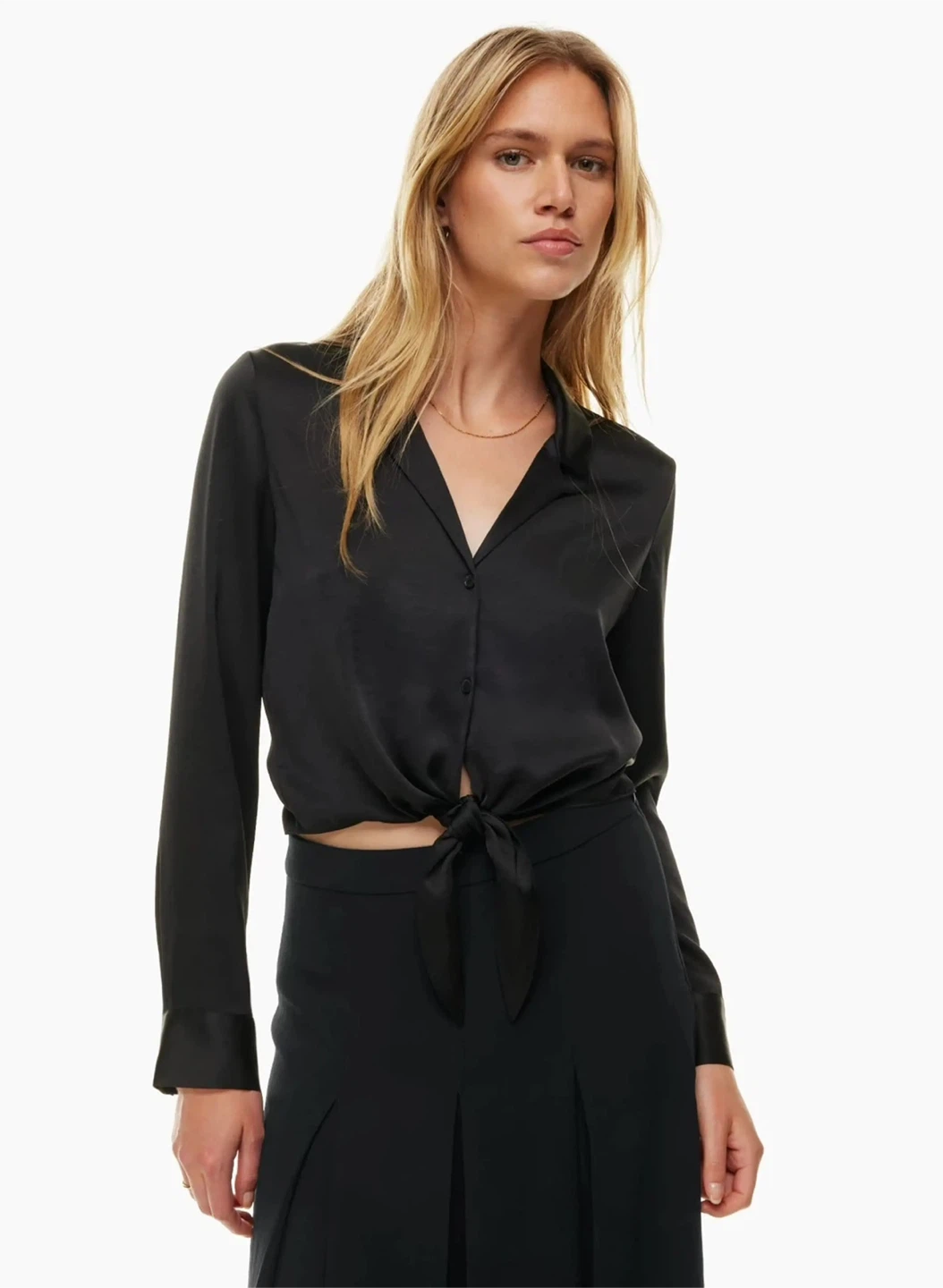 Aritzia Wilfred Tie-Front Satin Blouse | Black
