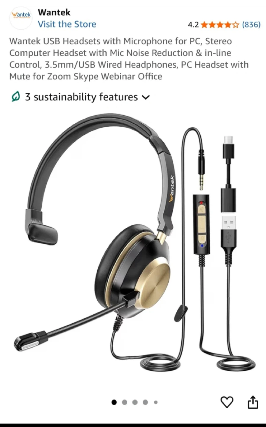 Wantek 881FUSB Wired USB Headset with Microphone