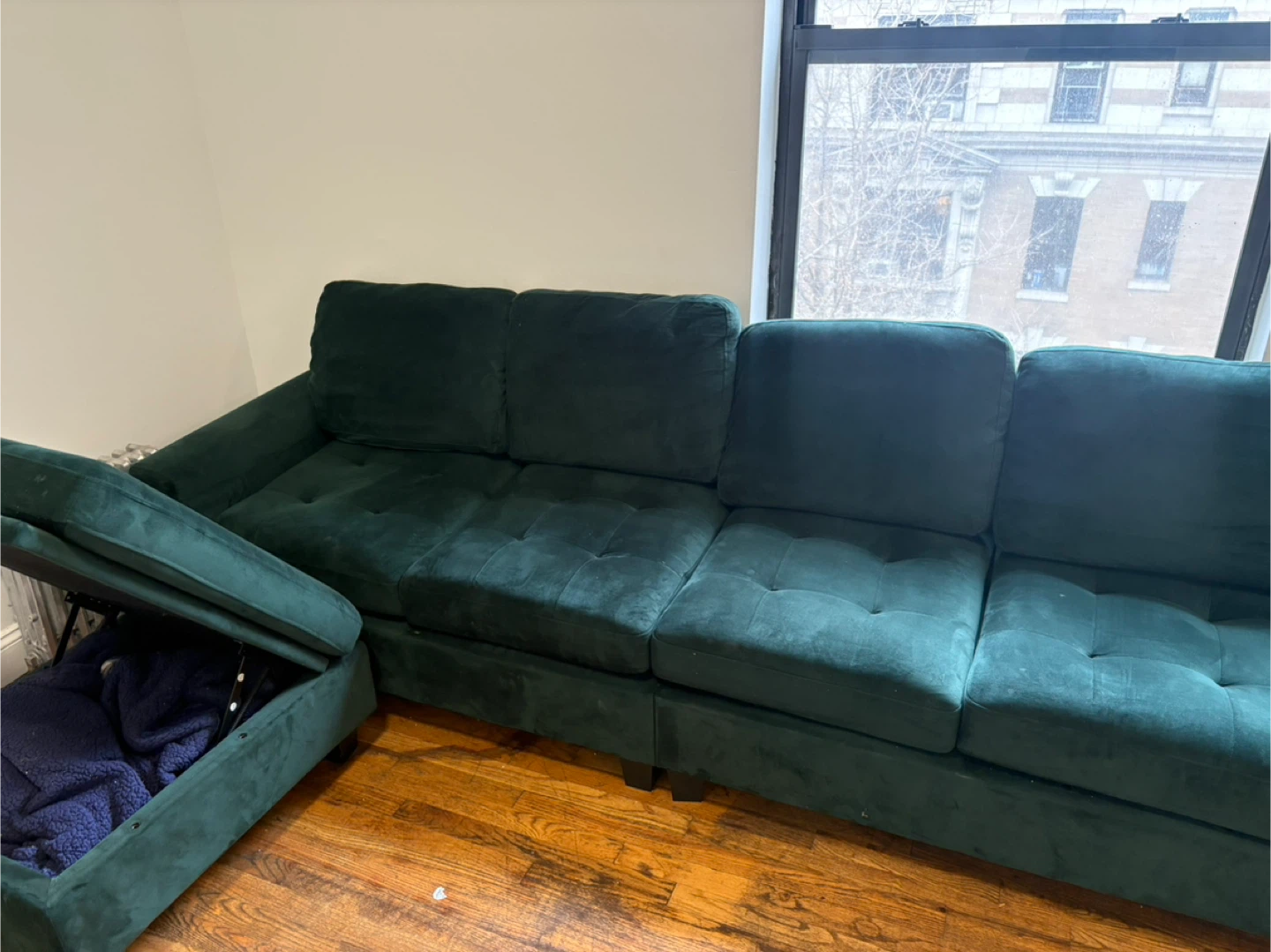 Deep Green Velvet Sectional Sofa with Storage Ottoman