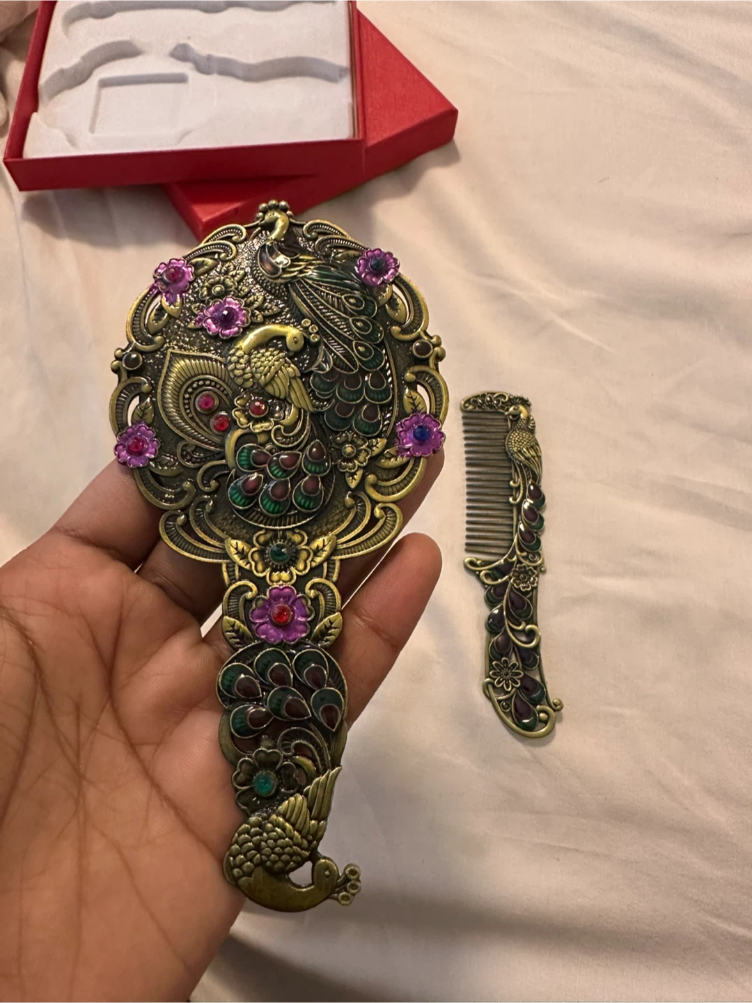 Antique Peacock Mirror and Comb Set - photo 3