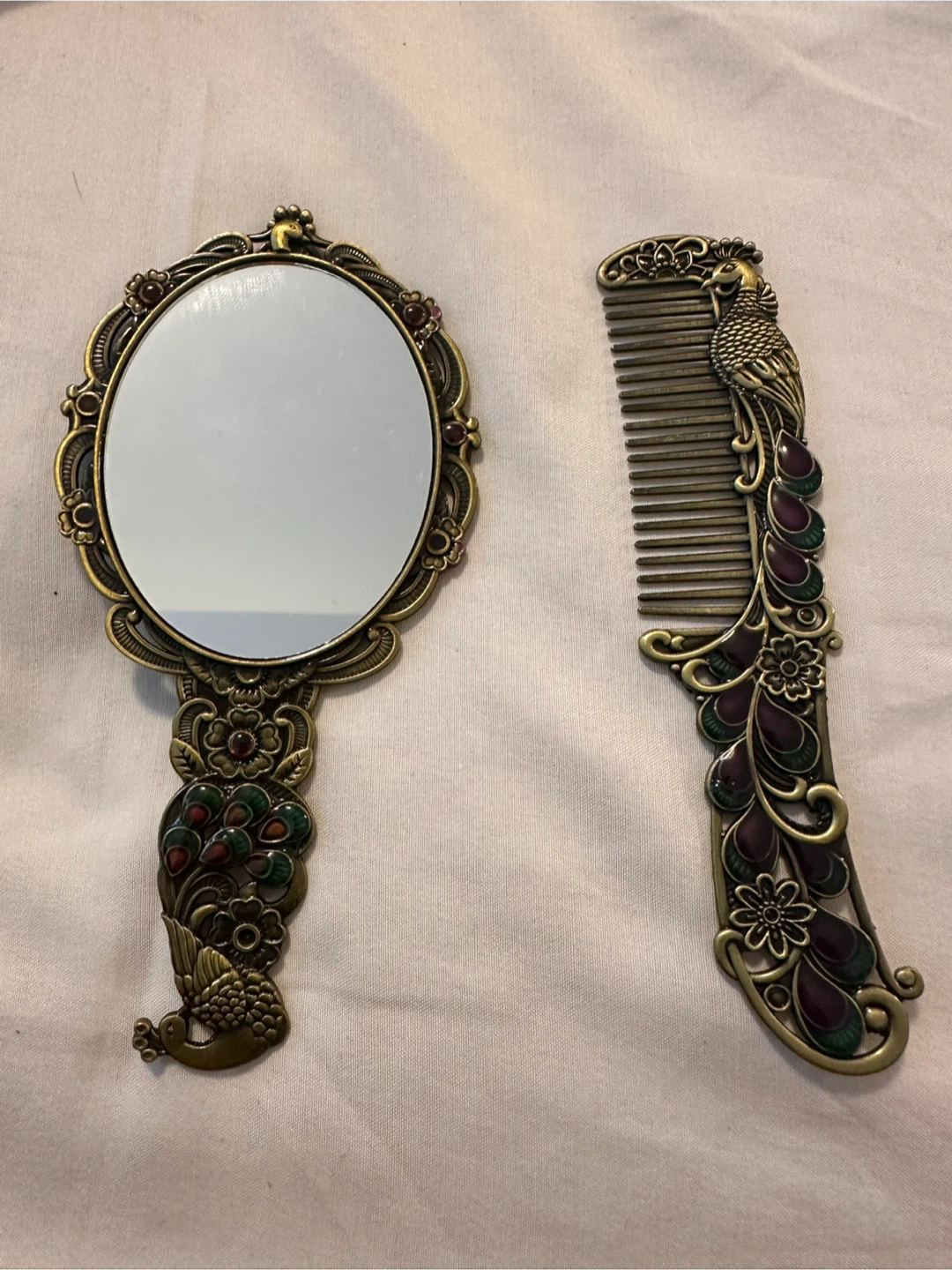 Antique Peacock Mirror and Comb Set