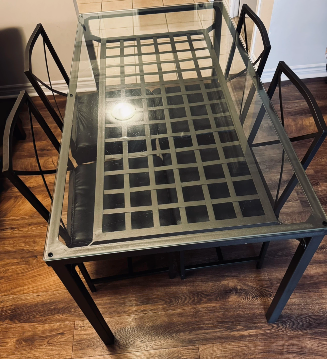 Ikea glass Top Dining Table with Metal Frame and 4 chairs
