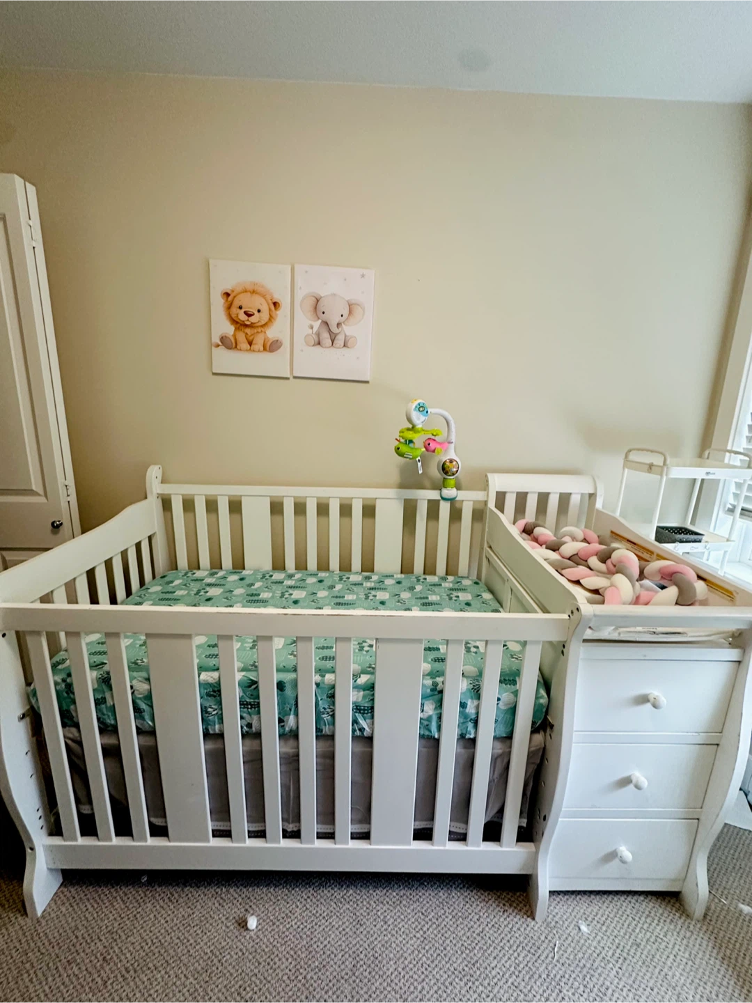 White Convertible Crib with Attached Changing Table