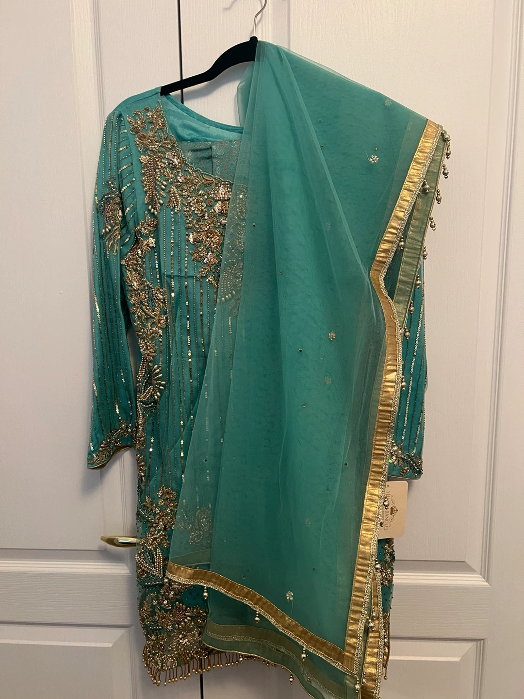 3 Piece Heavy Pakistani Teal Kurti with Dupatta and Sharara - photo 4