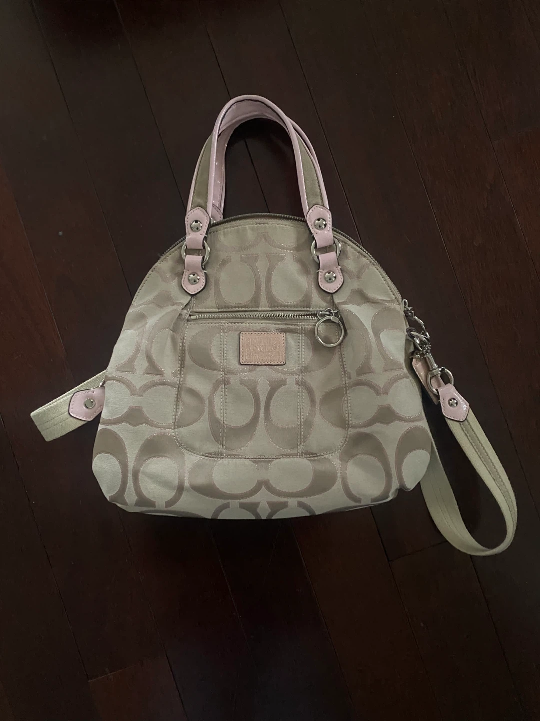 Coach Signature Canvas Shoulder Bag with Pink Trim