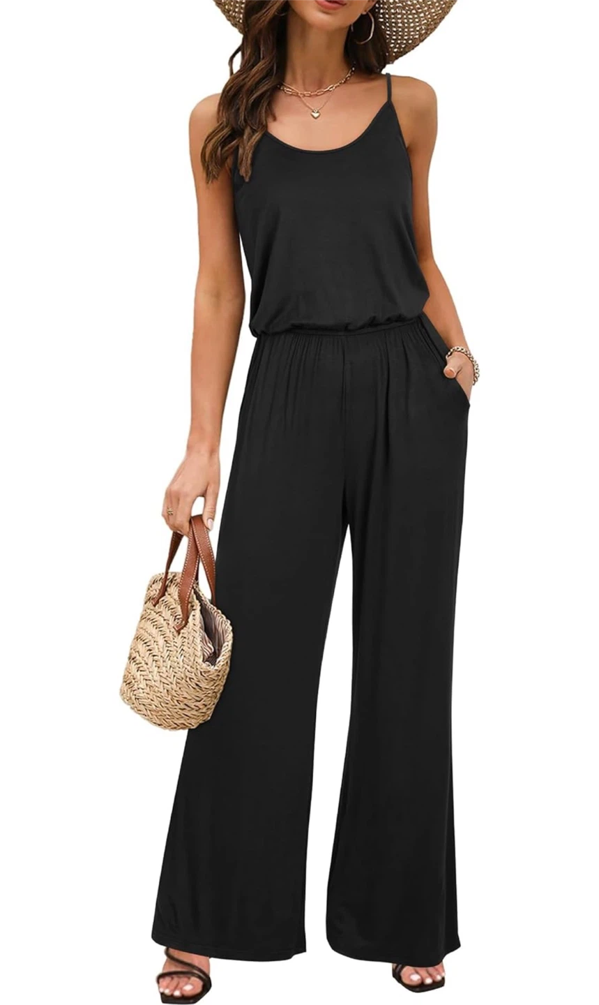 NEW! OUGES Black Wide Leg Jumpsuit, Soft & Comfortable w/Pockets