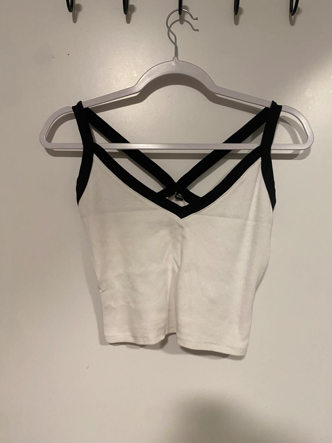 Garage White Cropped Tank Top with Black Strappy Trim - L