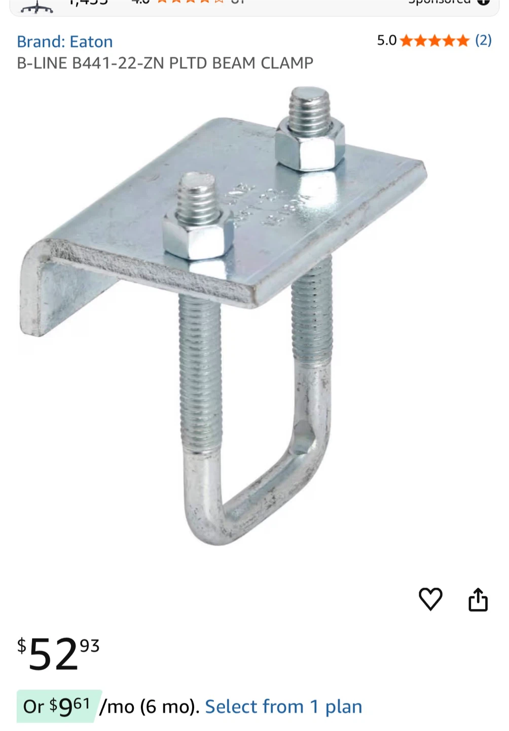 Eaton B-LINE B441-22-ZN PLTD Beam Clamp - photo 2