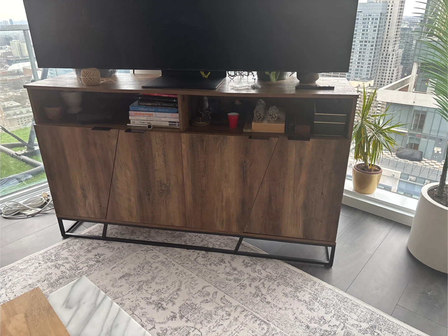 Wood Media Console with Cabinet Doors