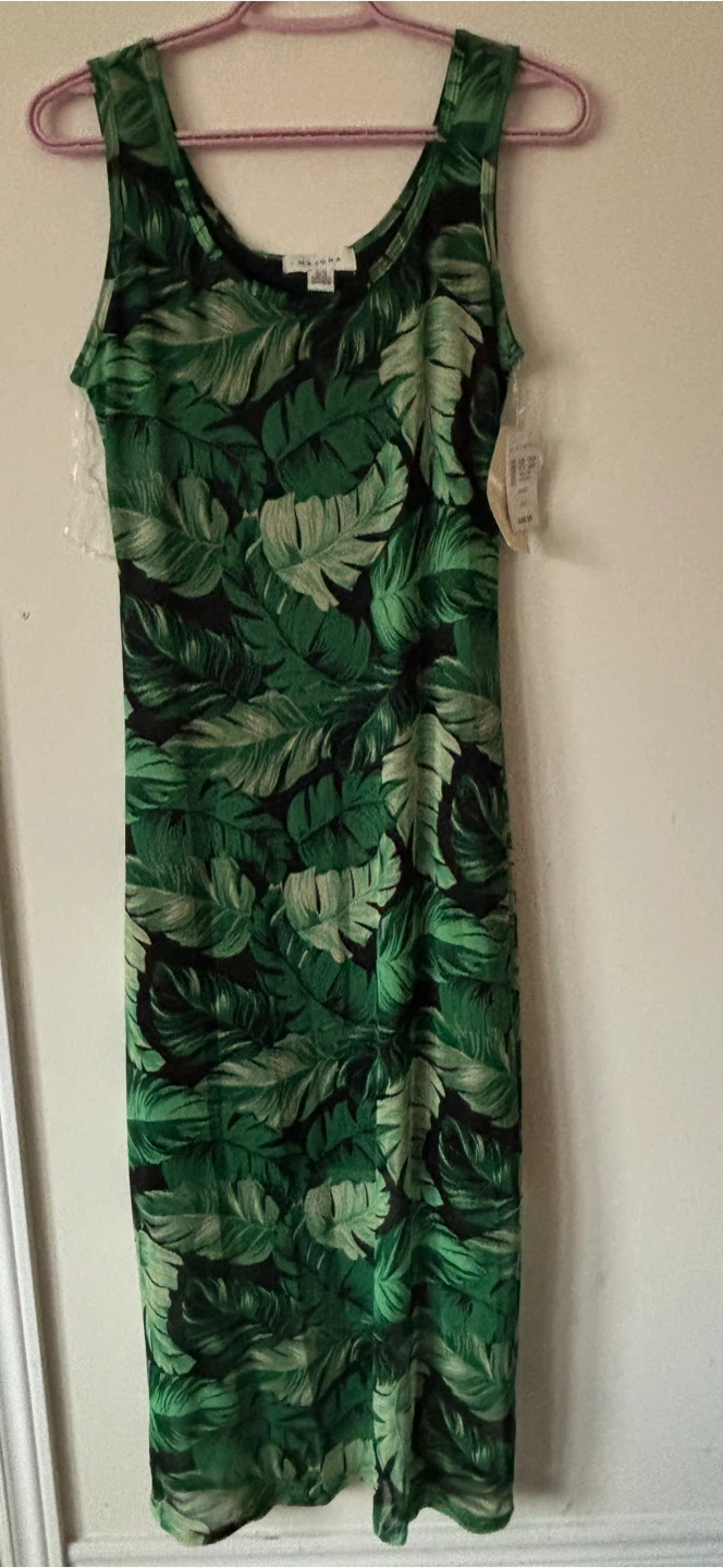 MAJORA Green Leaf Print Sleeveless Midi Dress Size M