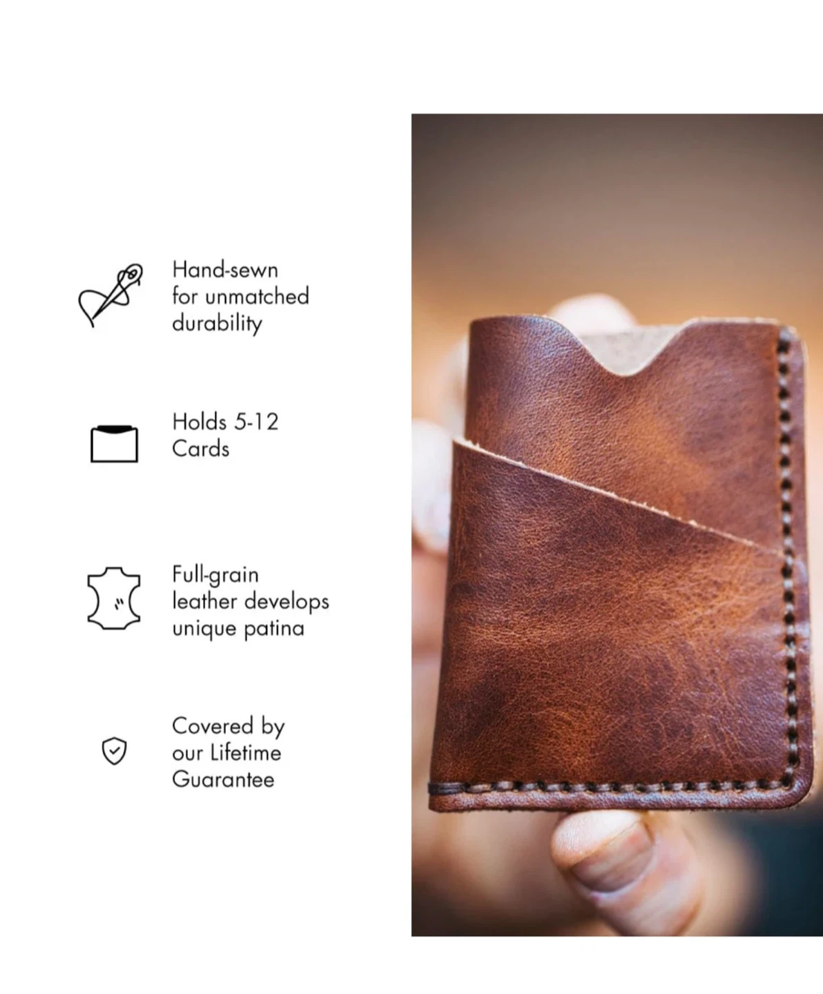Hand-Sewn Full-Grain Leather Card Holder - Holds 5-12 Cards - photo 2