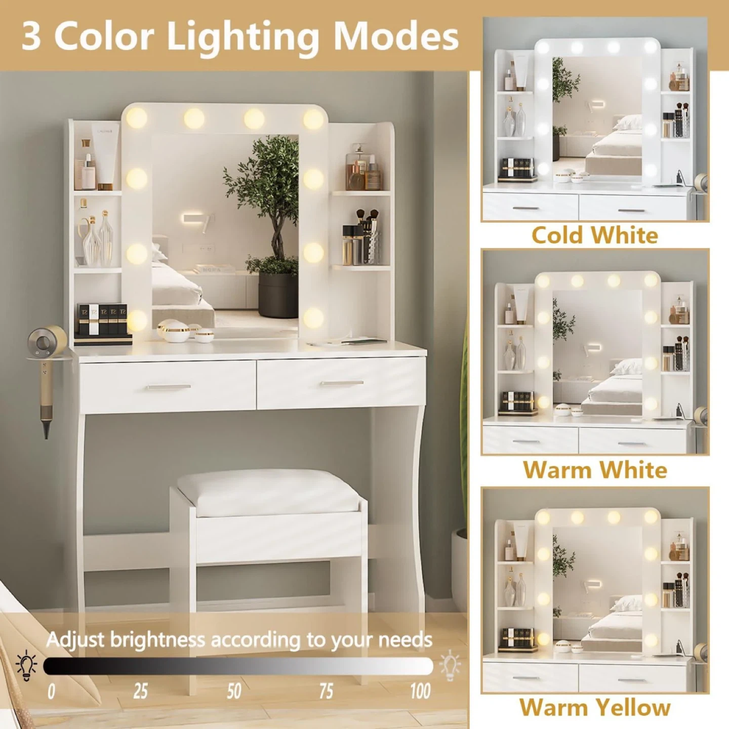 2 Large Drawers Modern Lights Makeup Vanity - photo 4