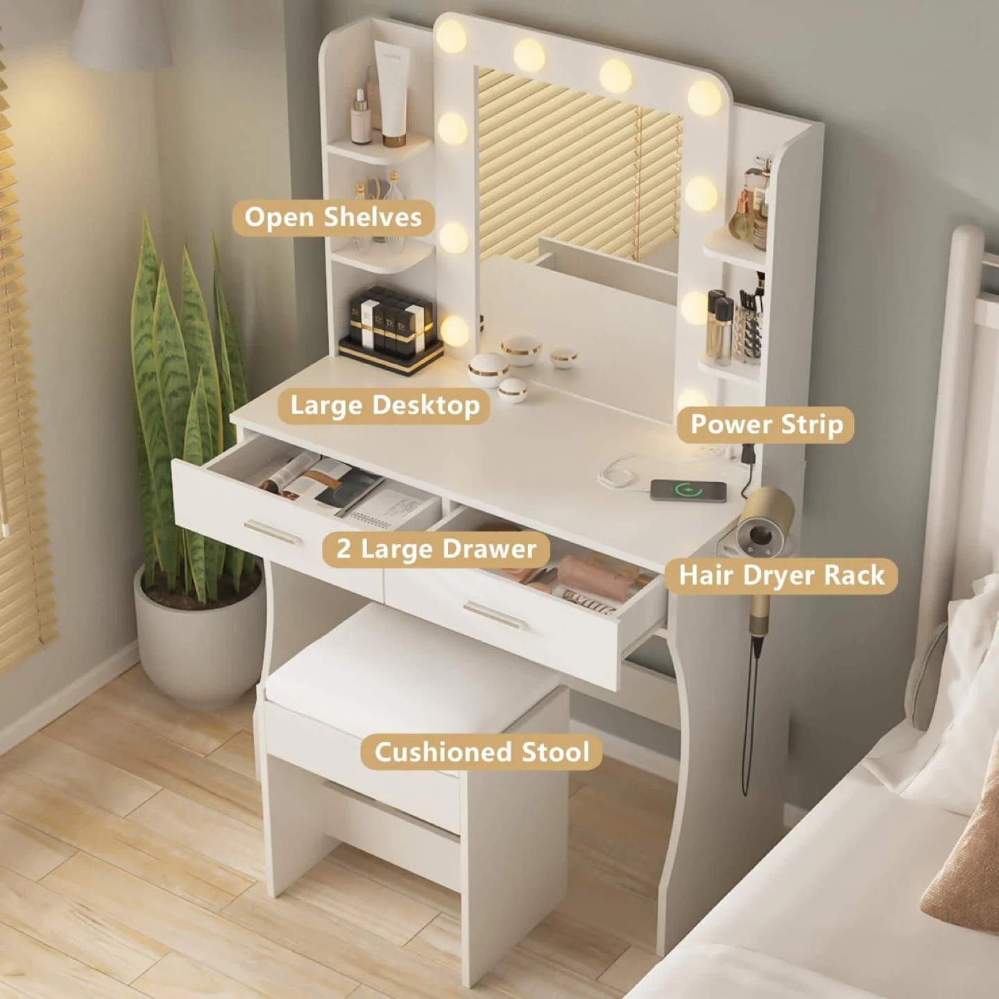 2 Large Drawers Modern Lights Makeup Vanity - photo 3