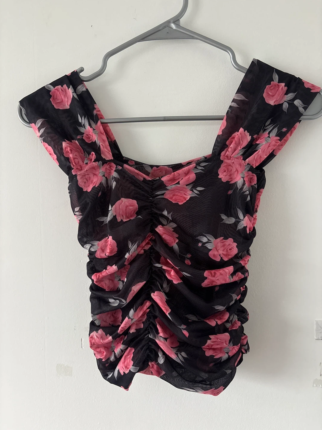 Black Mesh Floral Ruched Crop Top