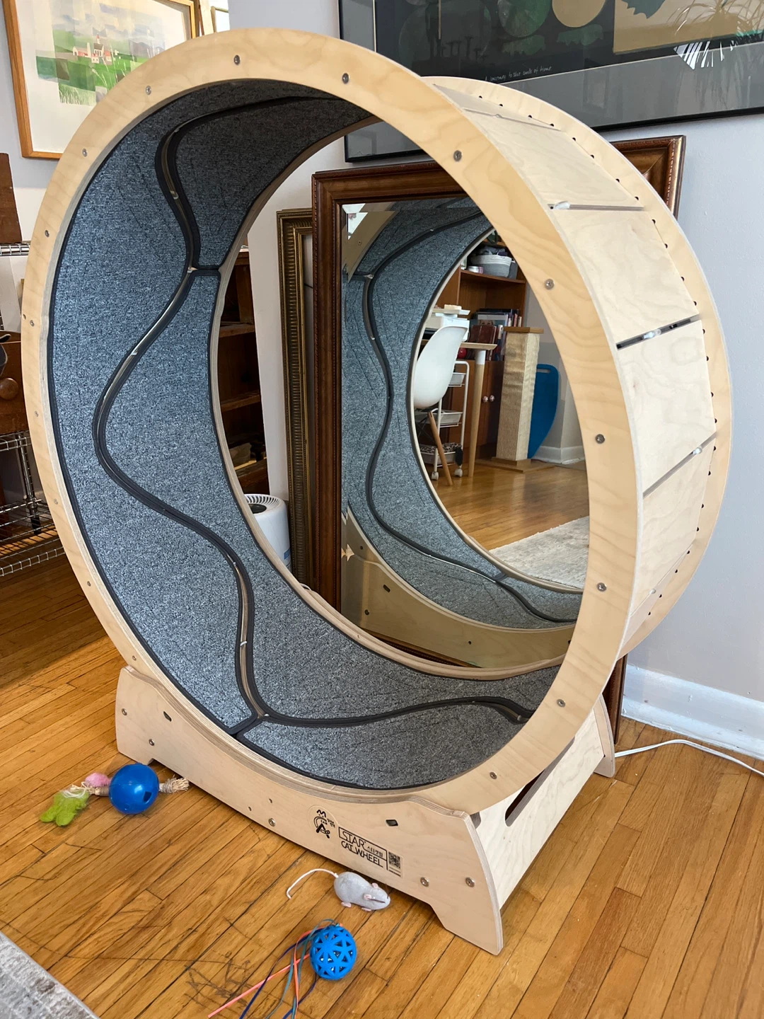 Large Cat Exercise Wheel - Wood and Grey Fabric - photo 3