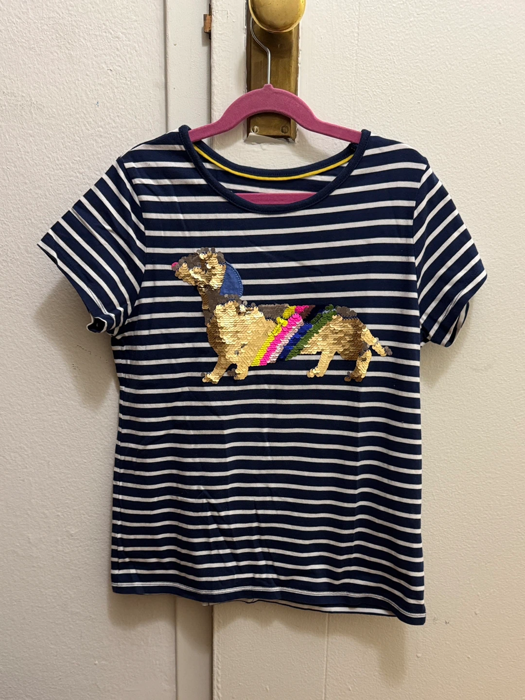 Mini Boden Navy Striped Dachshund Sequin T-Shirt Size 11-12Y