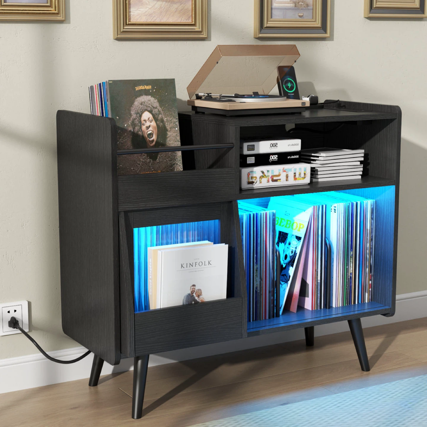 Large record player stand, 350 vinyl record storage rack
