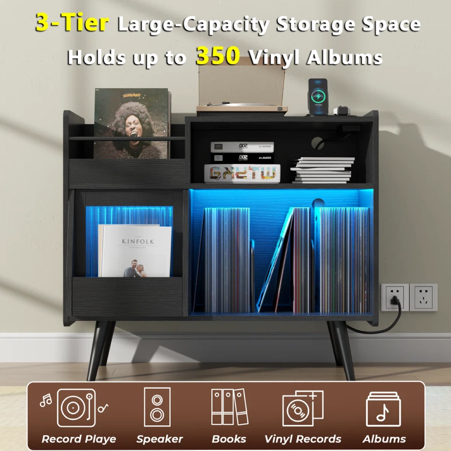 Large record player stand, 350 vinyl record storage rack - photo 3