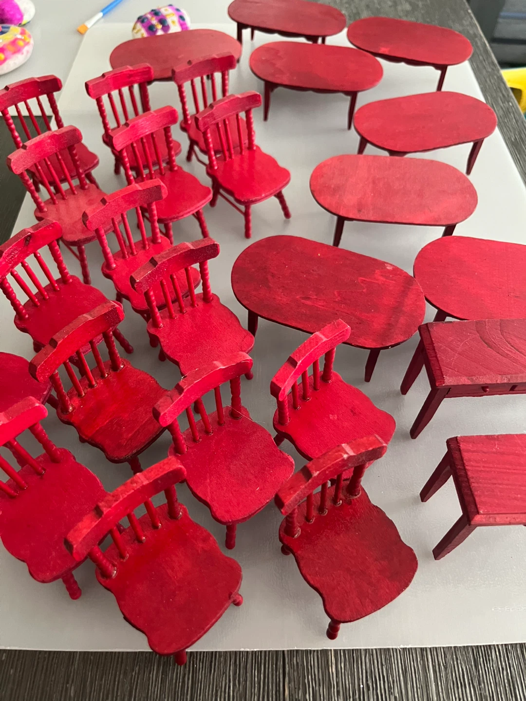 Red Miniature Dollhouse Chairs and Tables