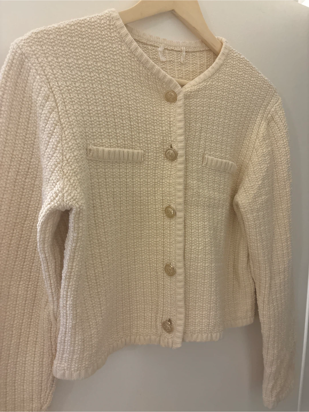 Cream Textured Button-Up Cropped Cardigan