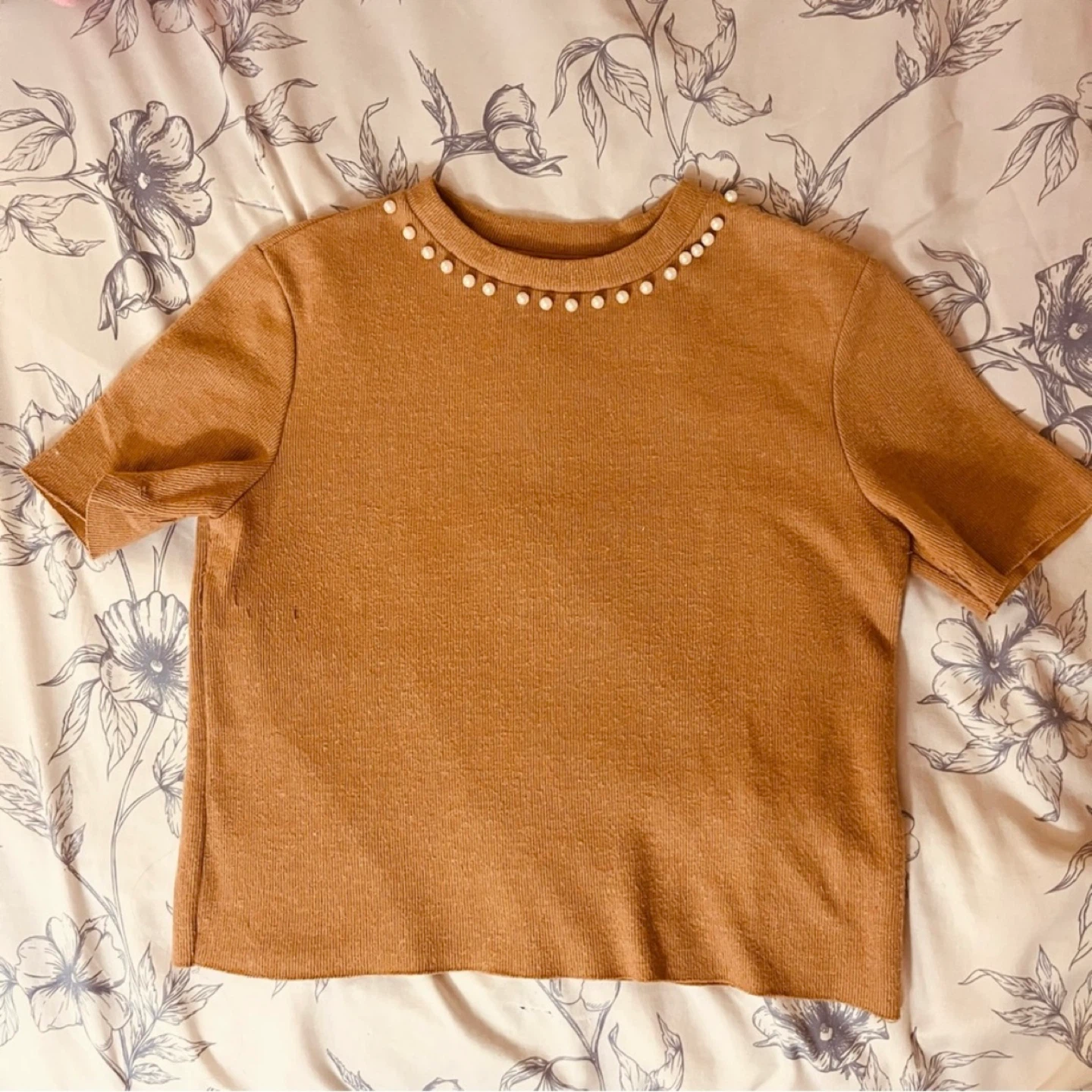ZARA Brown Pearl Embellished Knit Top Size XS