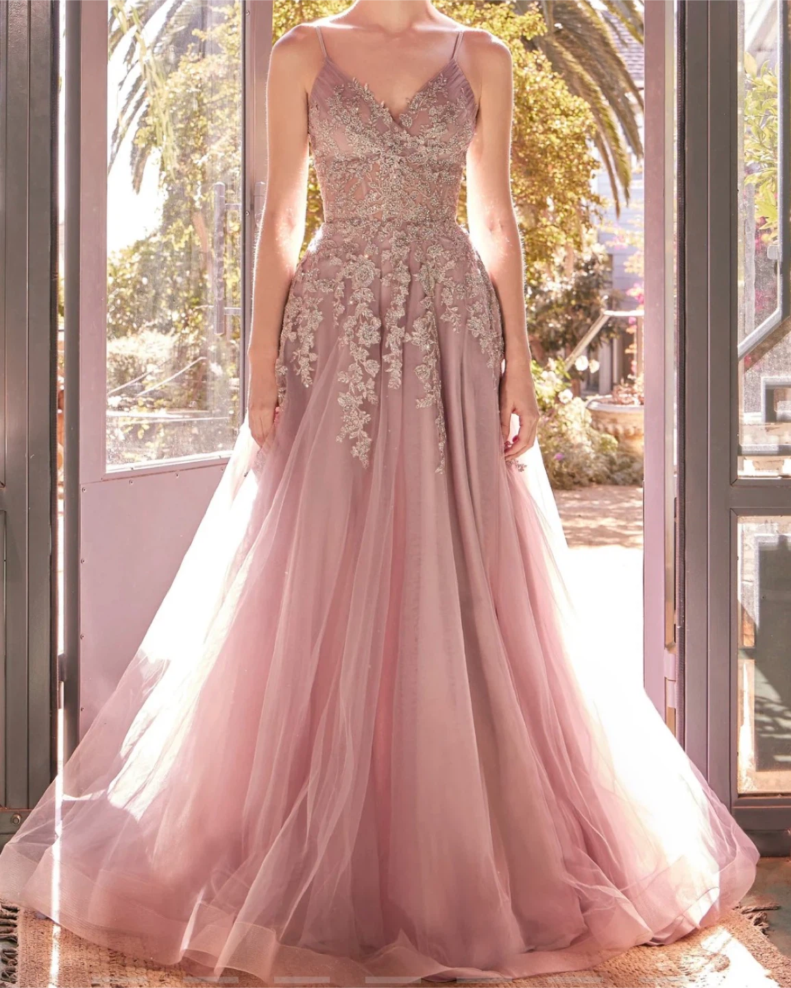 Dusty Rose Lace Appliqued Tulle Dress
