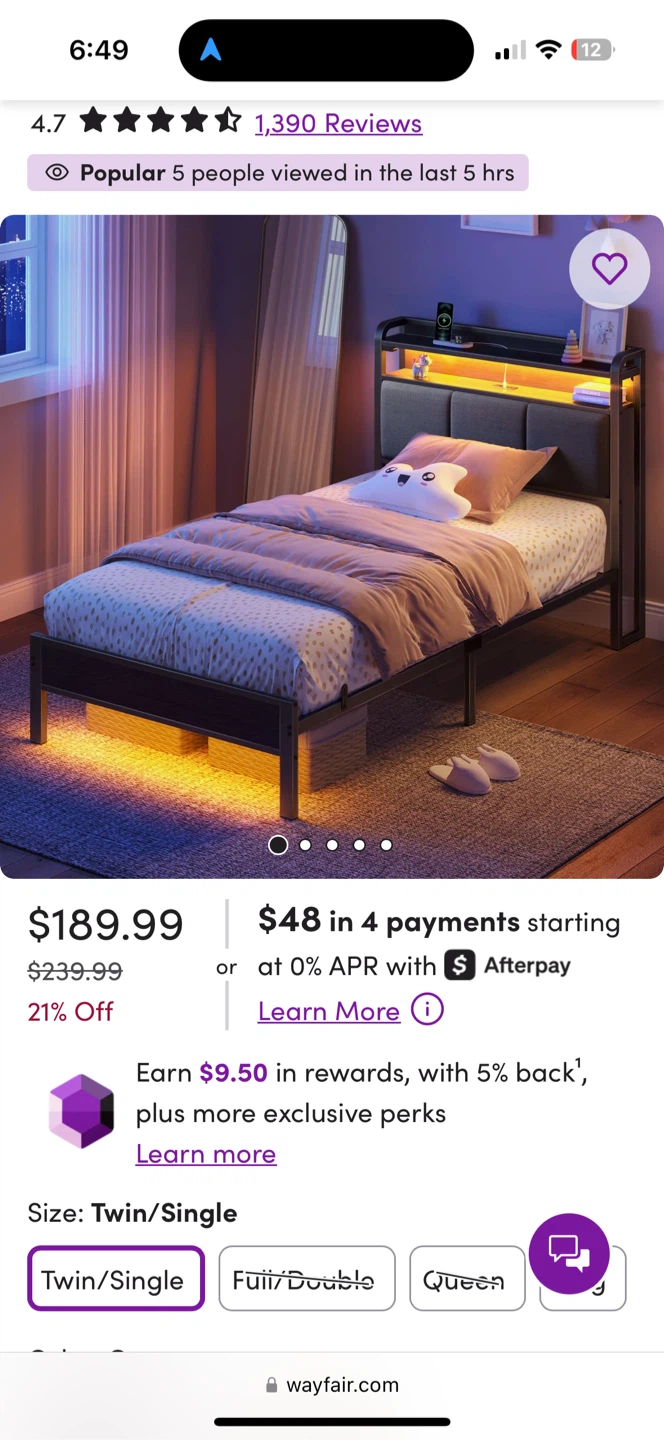 Twin/Single Bed Frame with Headboard and LED Lights