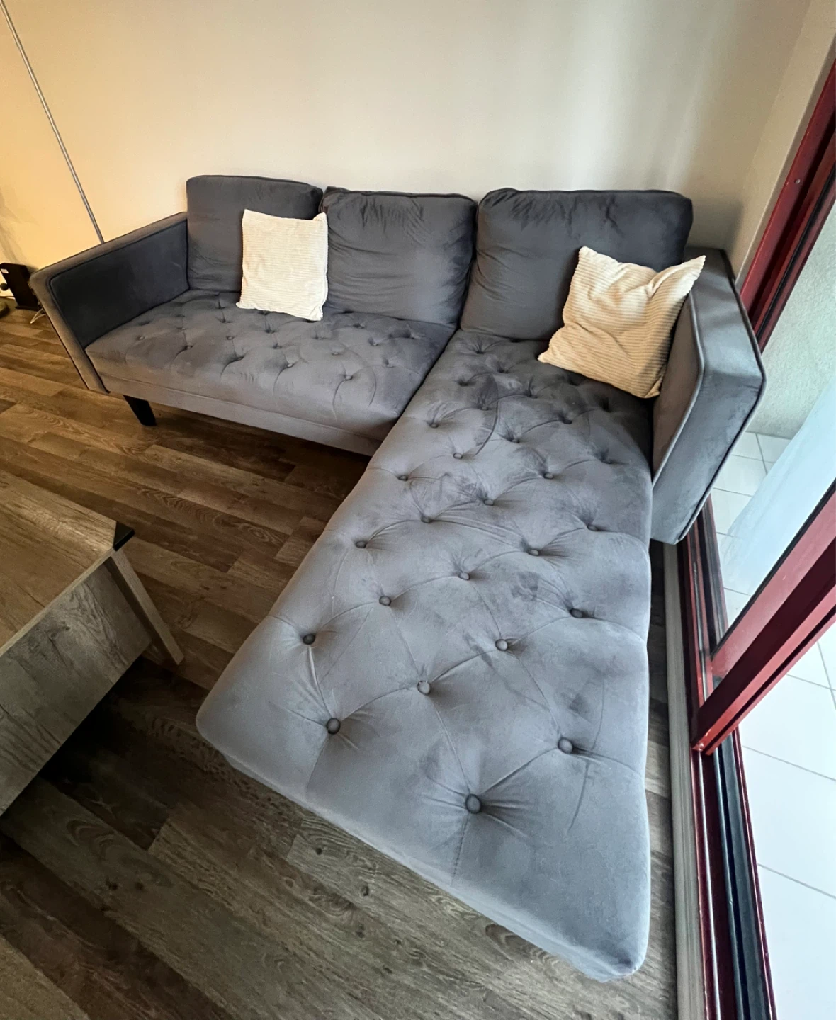 Grey Velvet Sectional Sofa with Chaise
