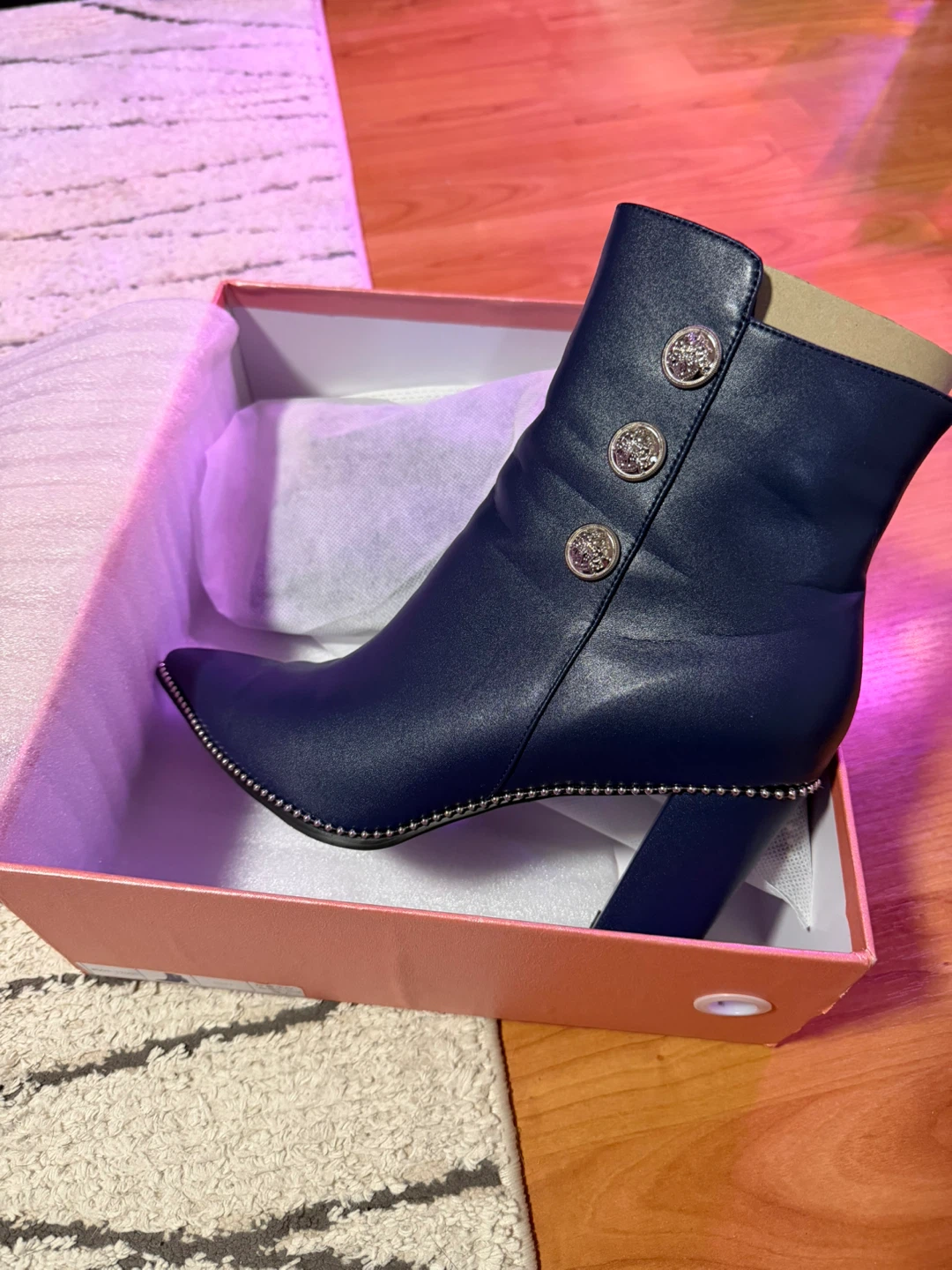 Navy Blue Ankle Boots with Silver Studs and Buttons - Size US 11