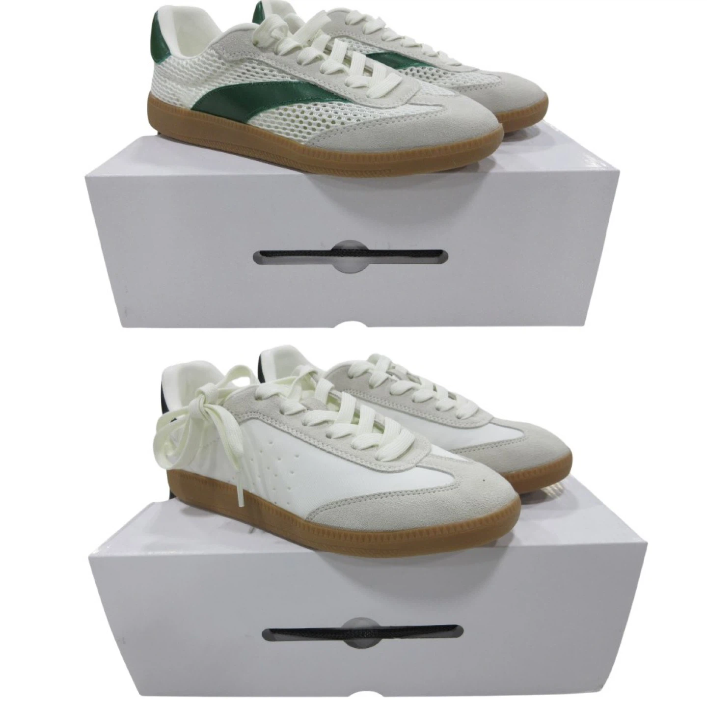 White and Green Suede & Mesh Sneakers
