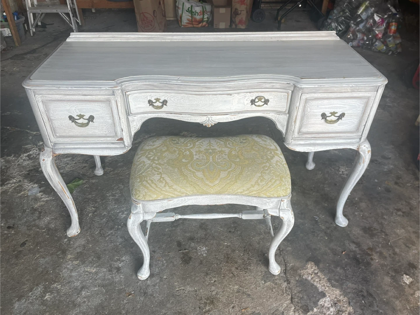 Vintage Vanity Desk with Stool - White Distressed Finish