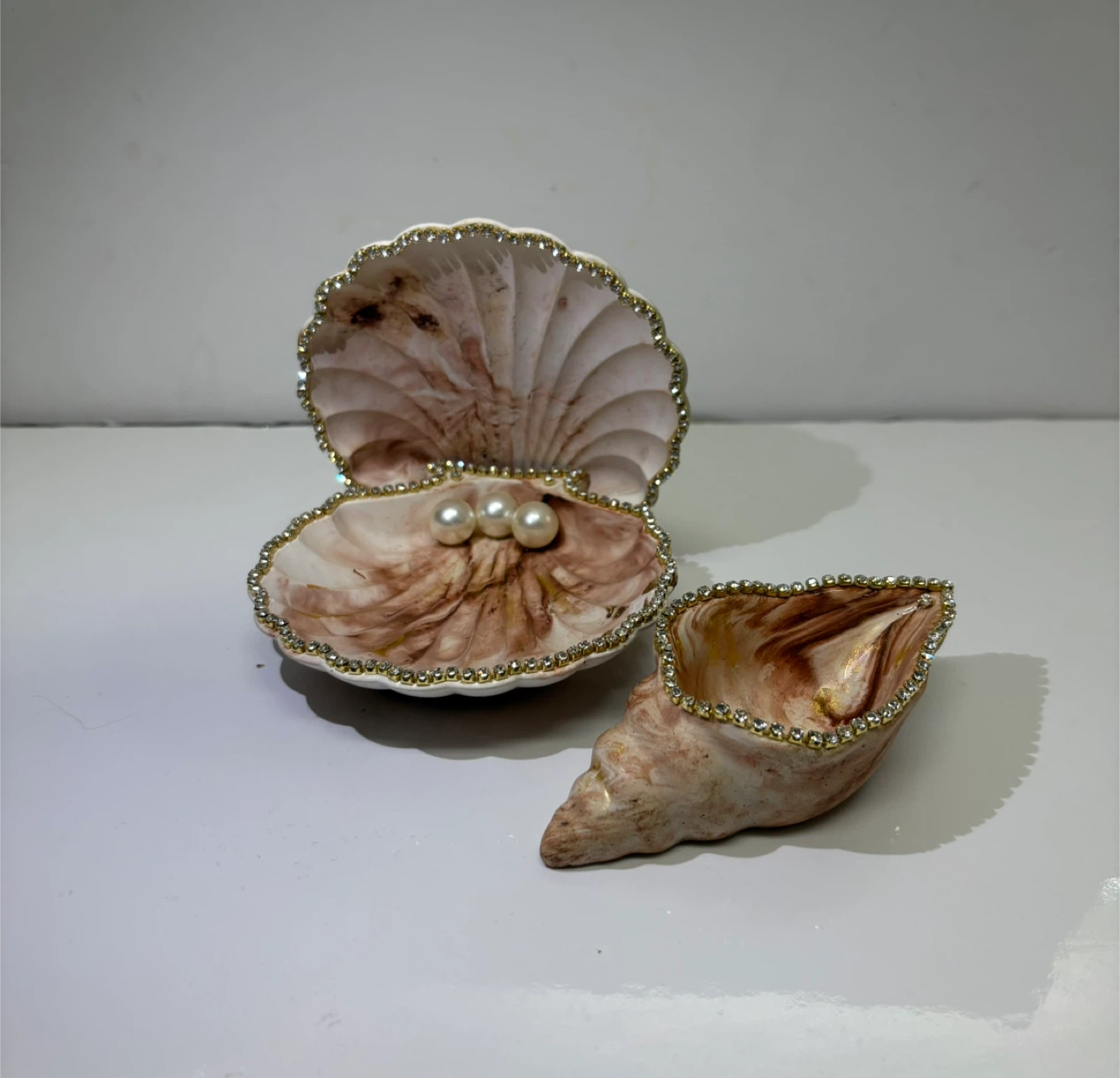 Handmade brown and gold marble coastal seashell trinket