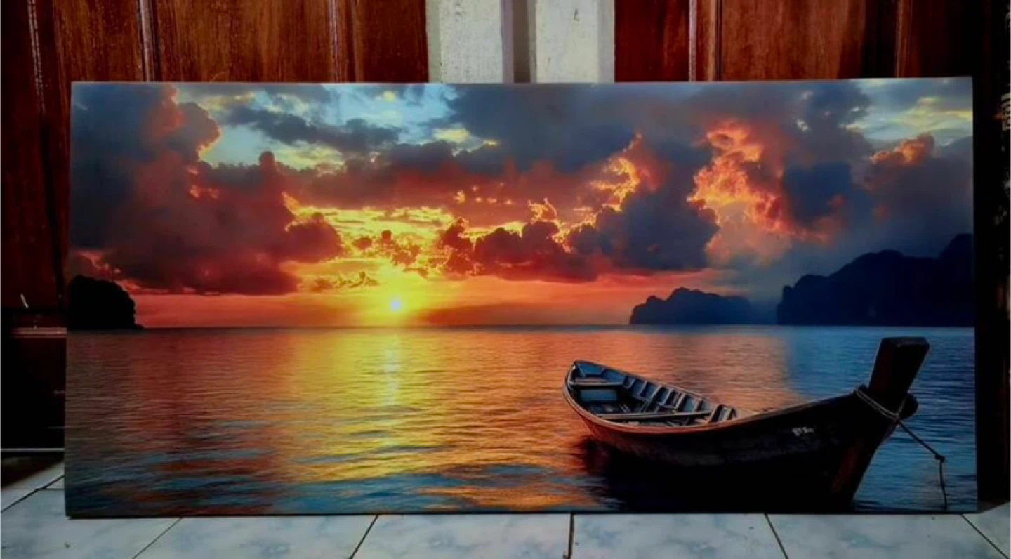 Canvas Wall Art Print - Sunset Boat & Mountain Lake Scenic - photo 3