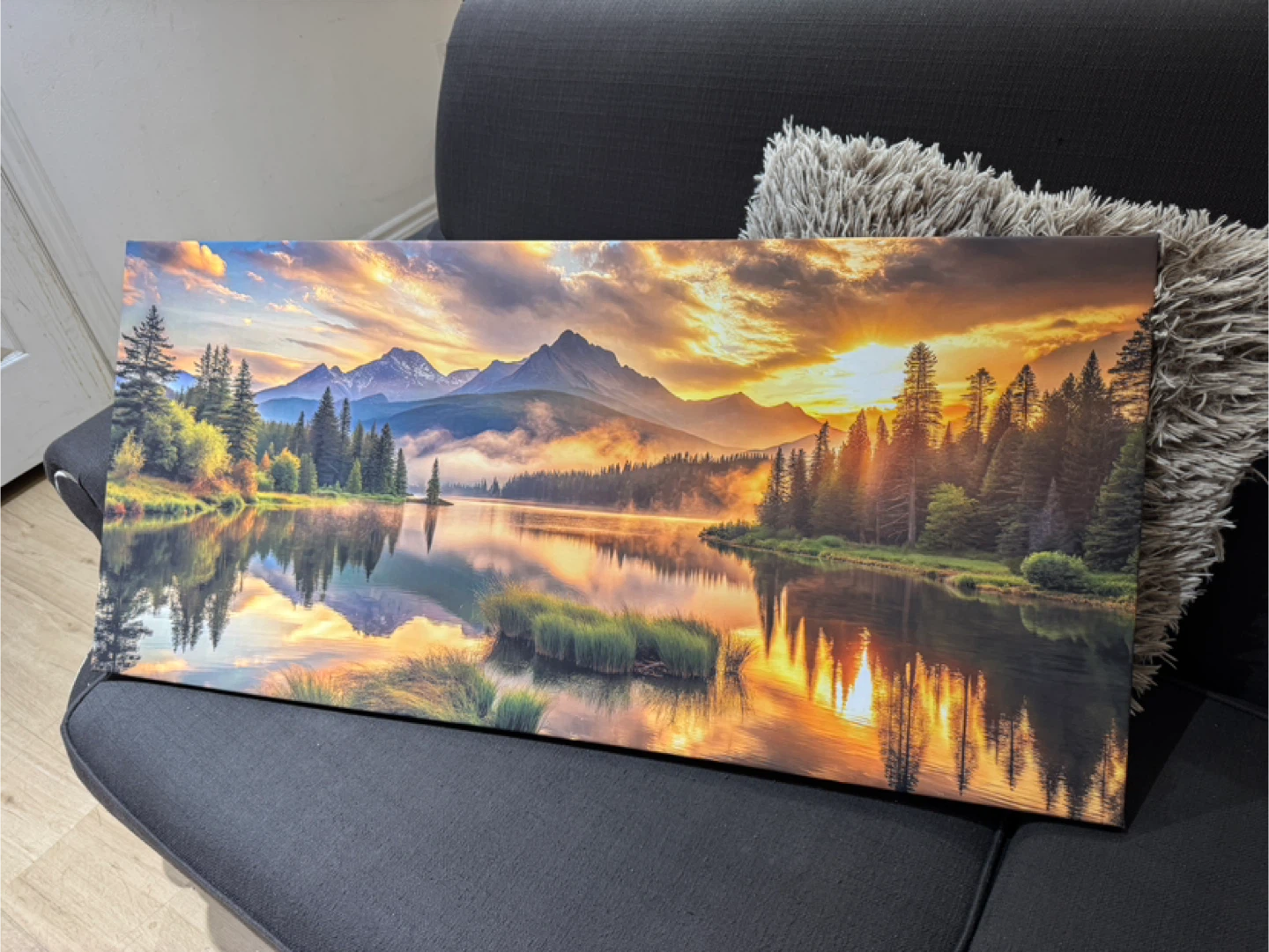 Canvas Wall Art Print - Sunset Boat & Mountain Lake Scenic - photo 4