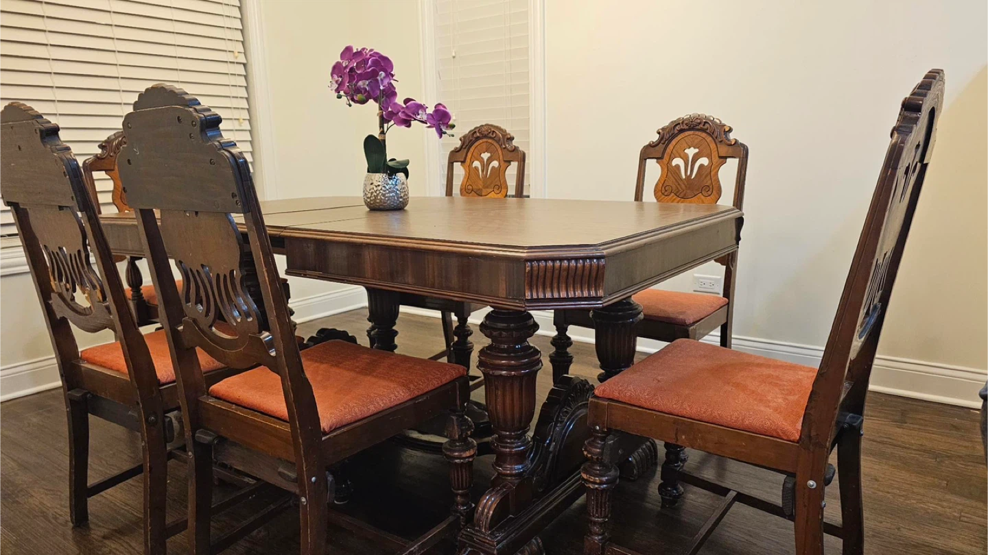 Antique Dining Table Set with 6 Chairs
