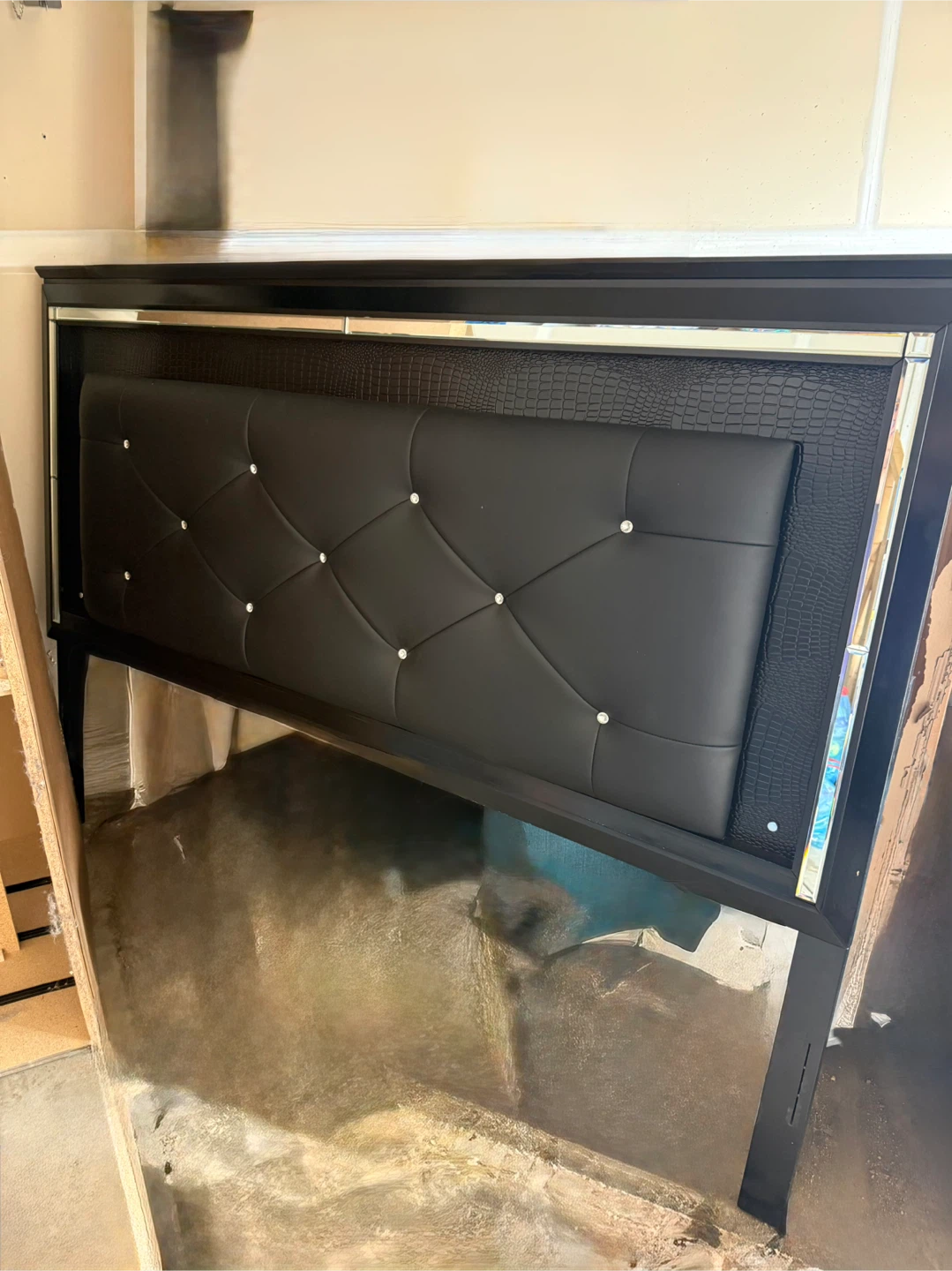 Black Faux Leather Headboard with Crystal Accents