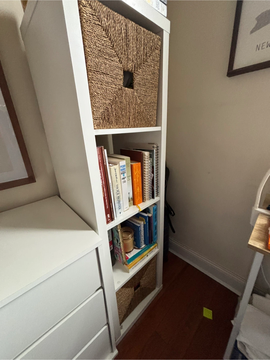 White IKEA KALLAX Shelf Unit with Woven Baskets