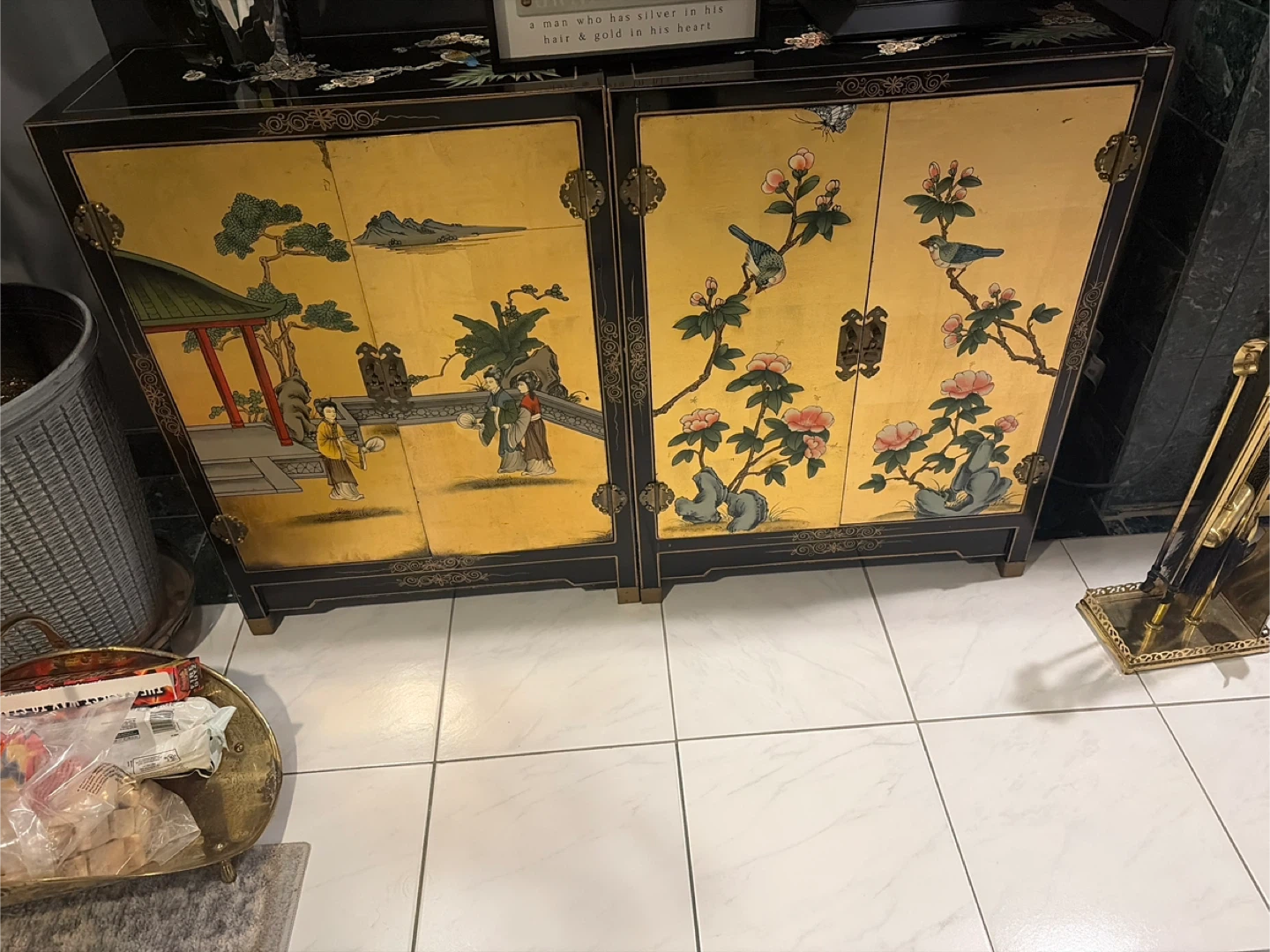 Vintage Black Lacquer Cabinet with Gold Oriental Scene