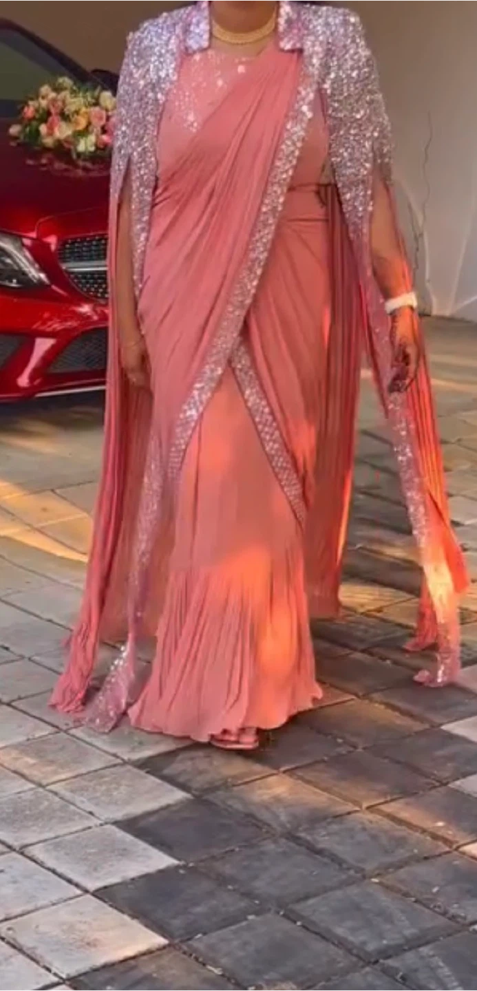 Pink Saree with Sequinned Cape