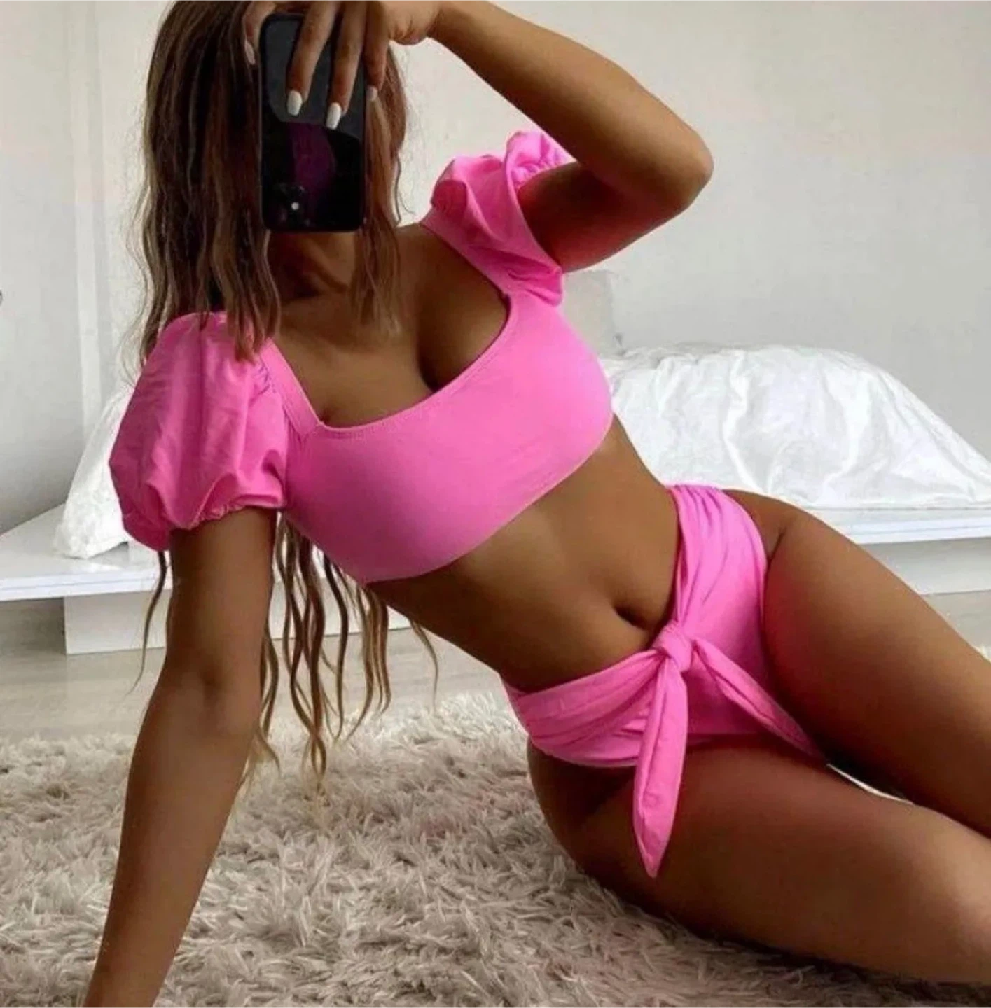 Pink Puff Sleeve Bikini Set - Size M