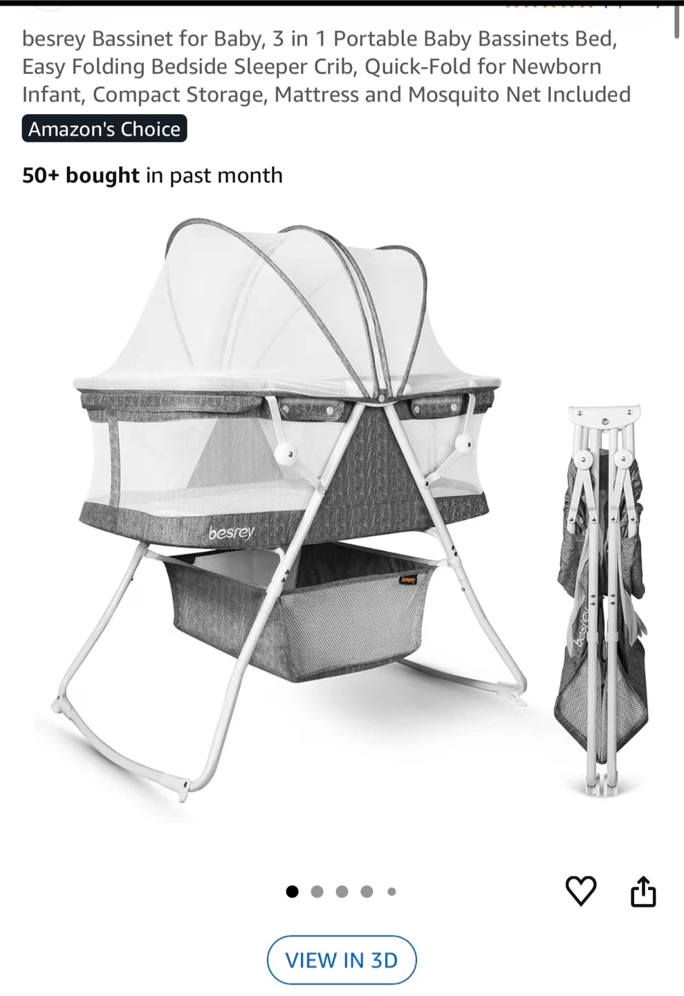 Besrey 3-in-1 Portable Baby Bassinet Bed with Mosquito Net