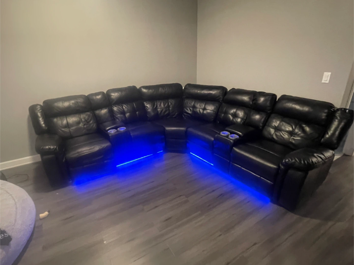 Black Leather Sectional Sofa with LED Lights and Cup Holders