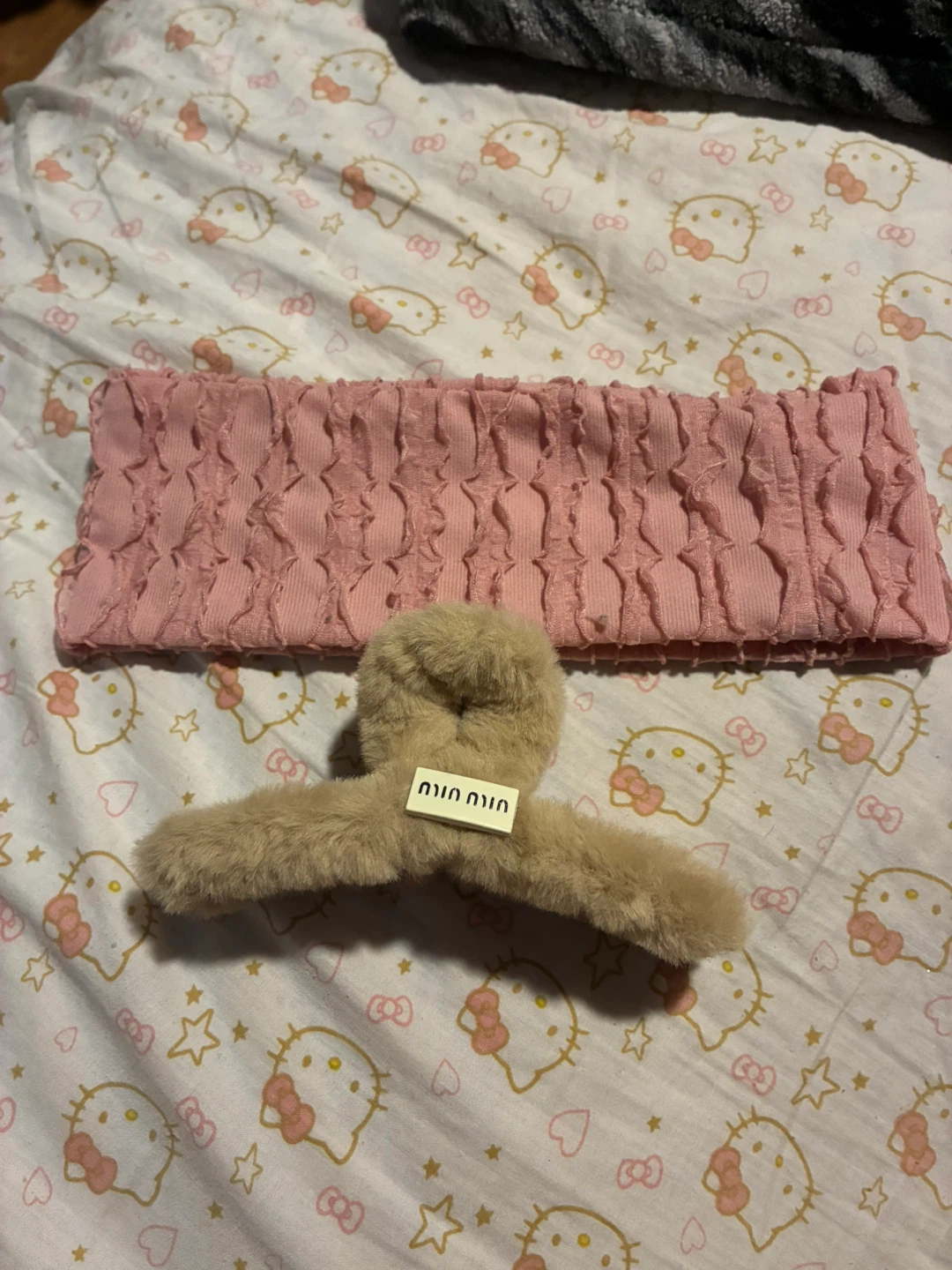 Pink scrunchie headband and fuzzy claw clip set
