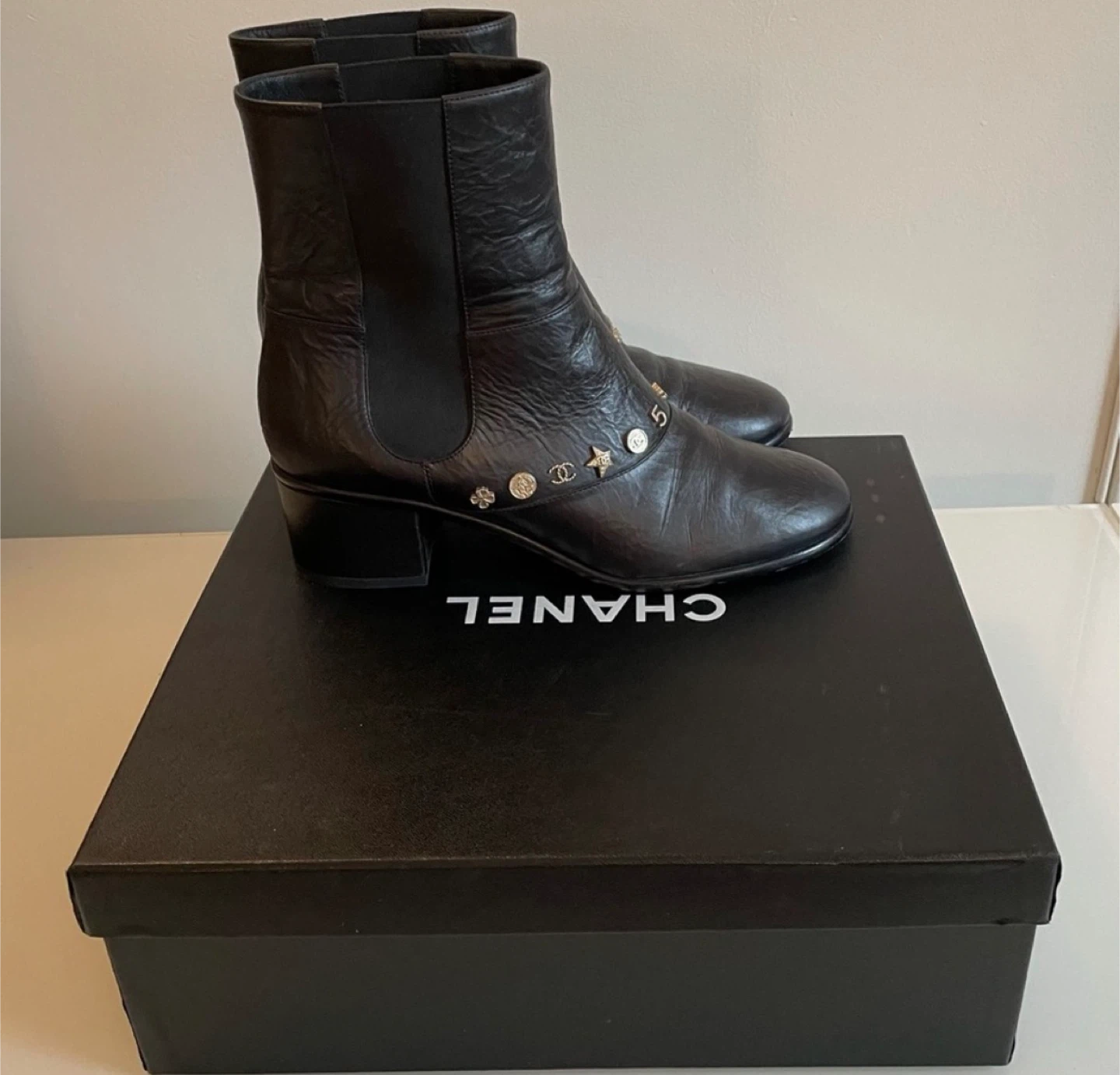 Chanel Black Leather Ankle Boots with Charms
